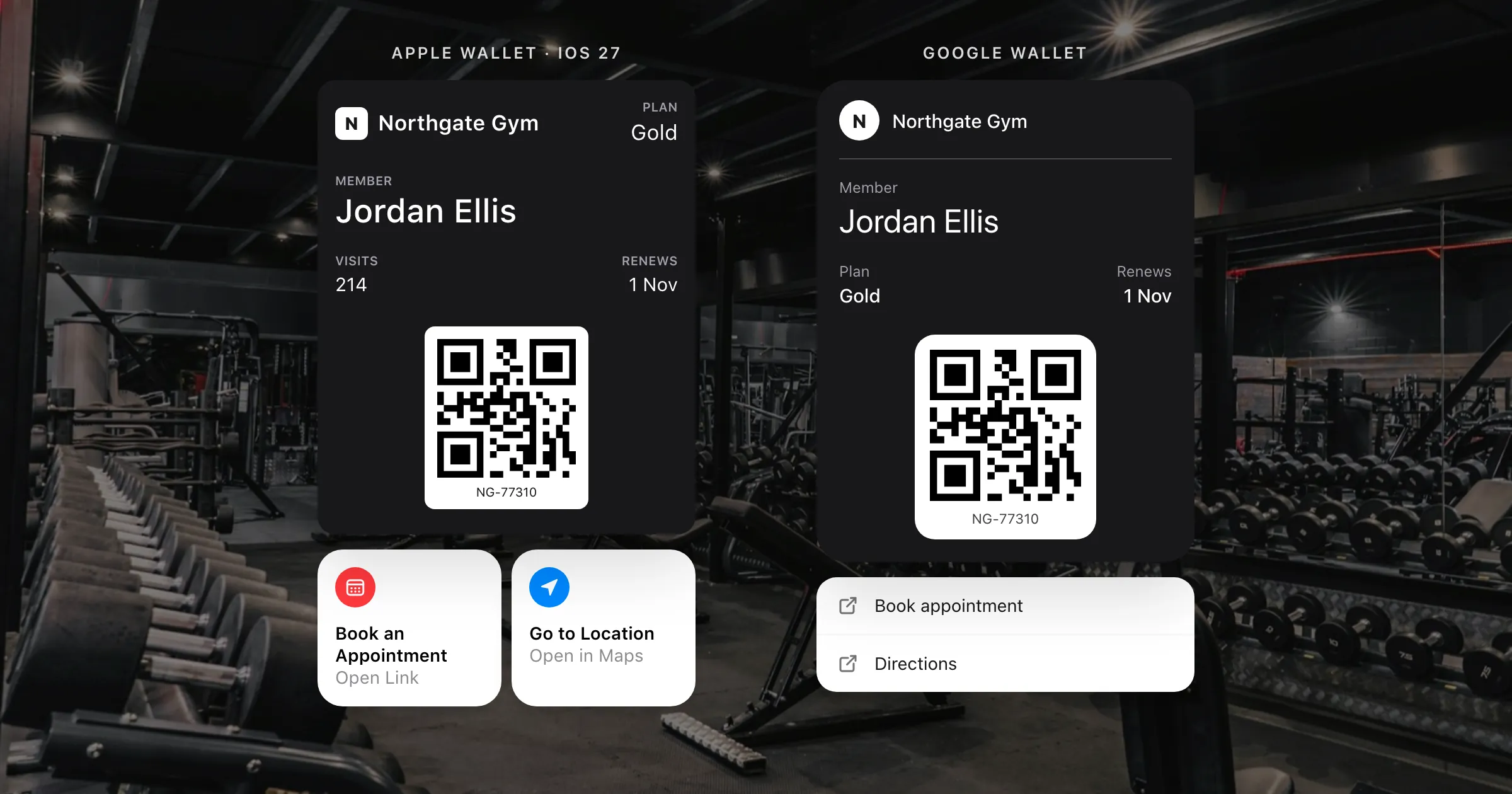 A gym membership in Apple Wallet with two featured actions beneath it, Book an Appointment and Go to Location, beside the same pass in Google Wallet with the actions as links.