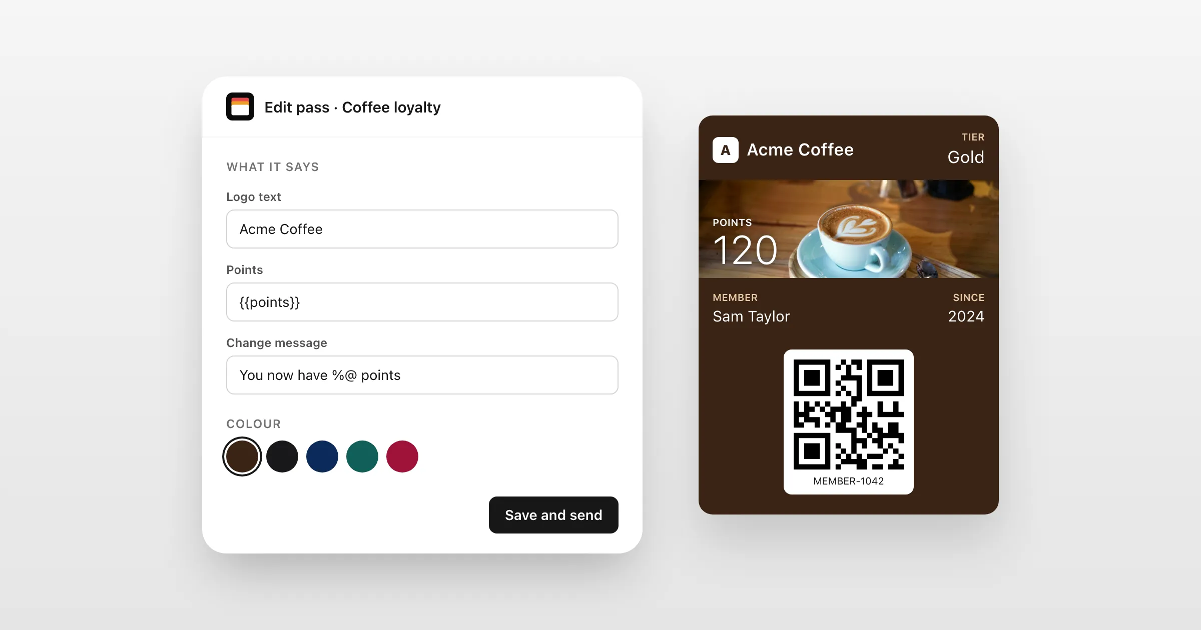 The WalletPassAPI editor with a coffee shop loyalty card being designed, beside its Apple Wallet preview.