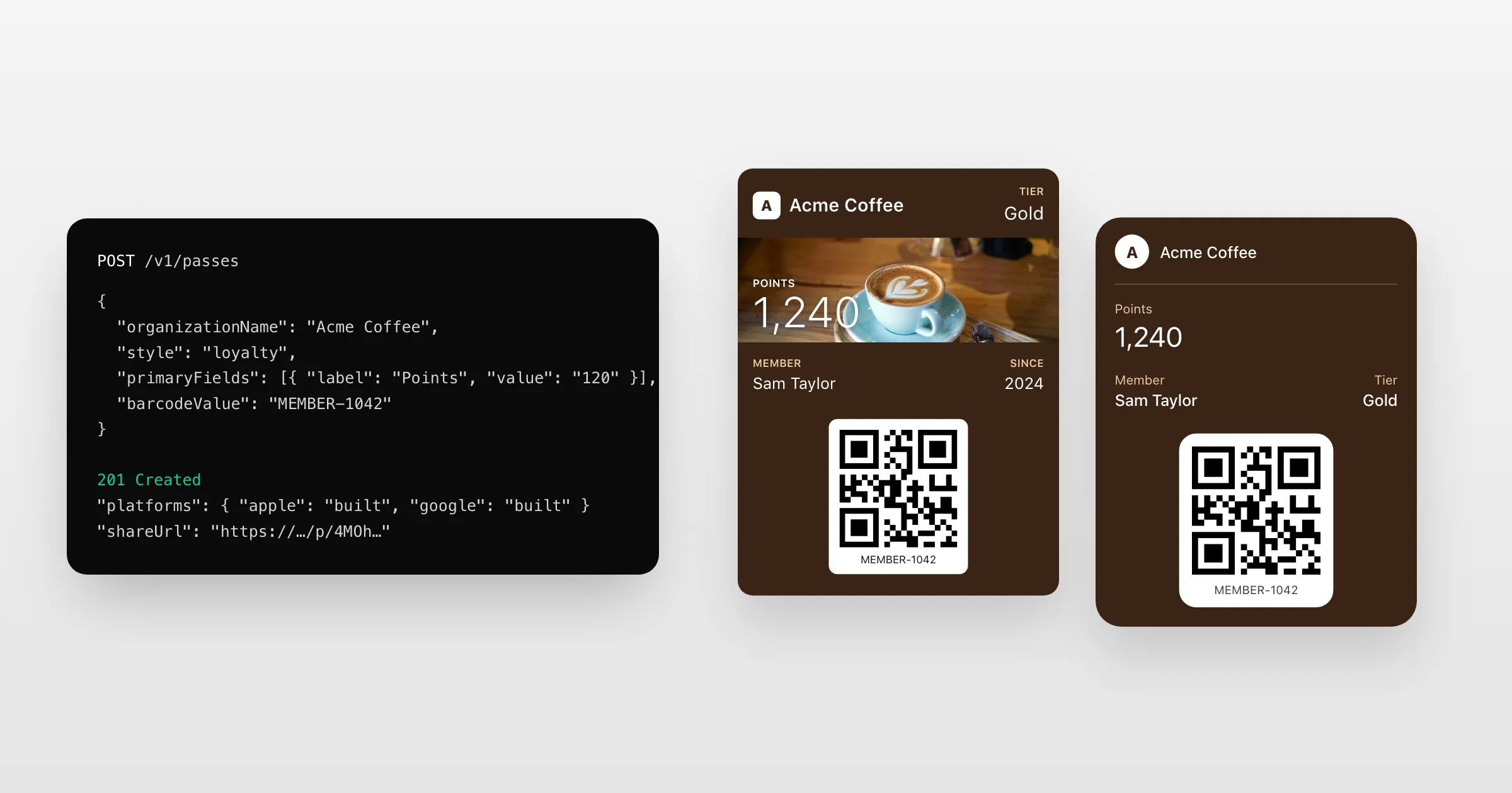 A request to create a pass, beside the Apple Wallet and Google Wallet passes it makes.