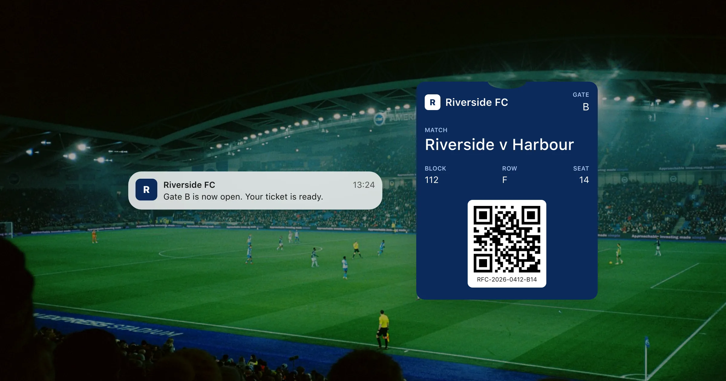 A football match ticket in Apple Wallet over a photo of a floodlit stadium, with a notification that gate B is now open.