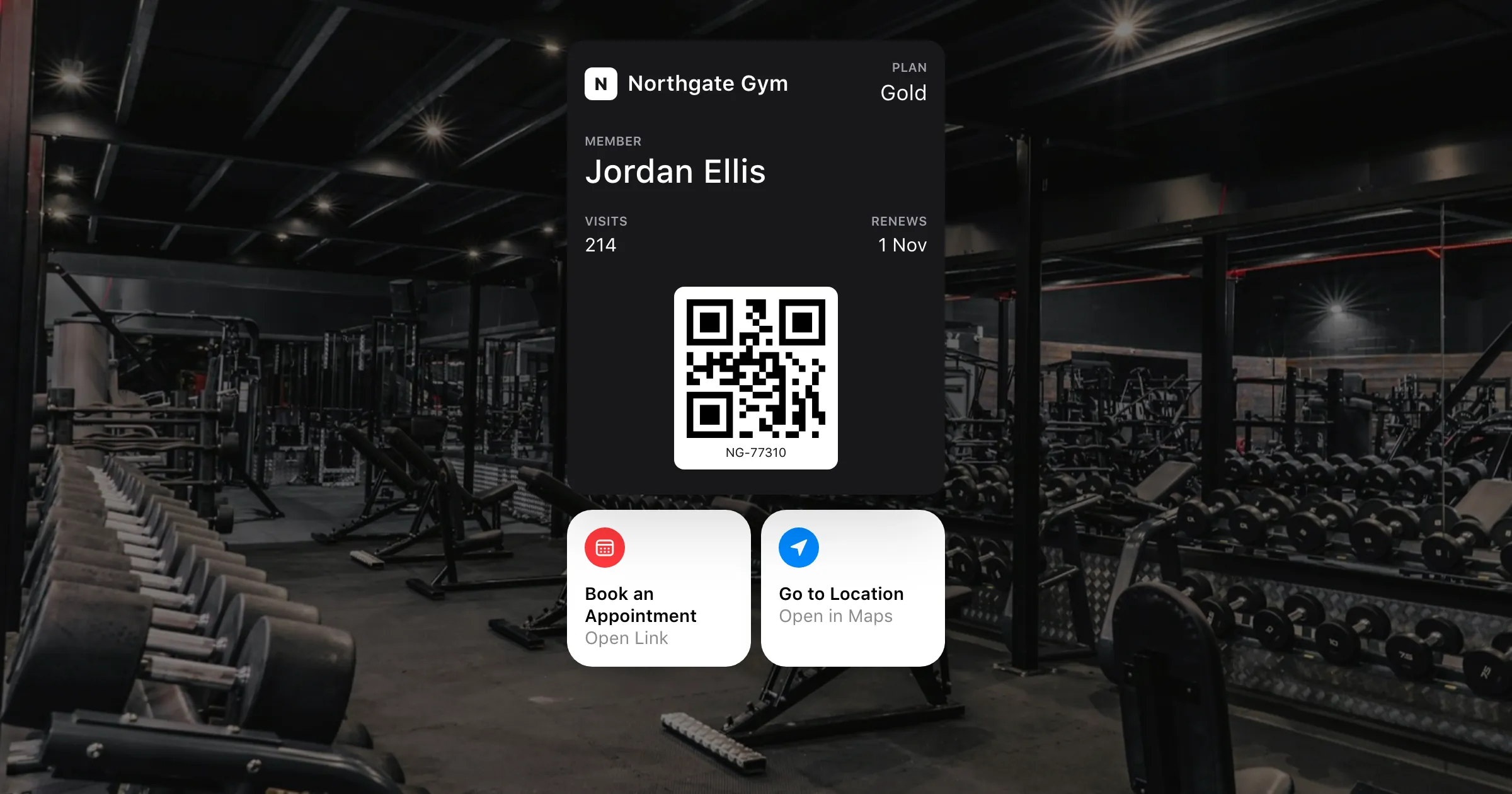 A gym membership card in Apple Wallet over a photo of a gym floor, with Book an Appointment and Go to Location actions beneath it.
